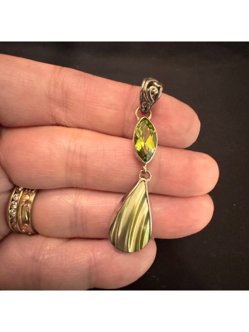 Sterling Silver 925 Peridot & Striped Jasper Bezel Set Pendant Size 2" Length